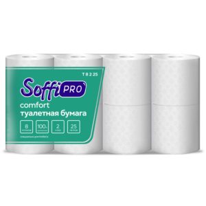 Туалетная бумага SoffiPro Comfort в стандартных рулонах, 8 рул/уп, 25 метров
