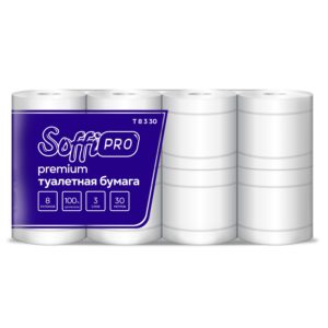 Туалетная бумага SoffiPro Premium в стандартных рулонах, 3 слоя, 8 рул/уп, 30 метров (Т 8 3 30)