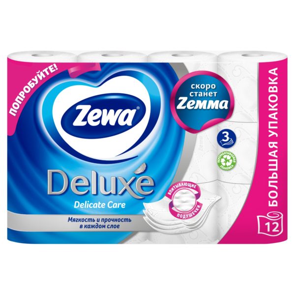 Туалетная бумага Zewa Deluxe Белая, 3 слоя, 12 рулонов