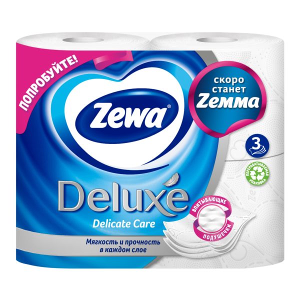 Туалетная бумага Zewa Deluxe Белая, 3 слоя, 4 рулона